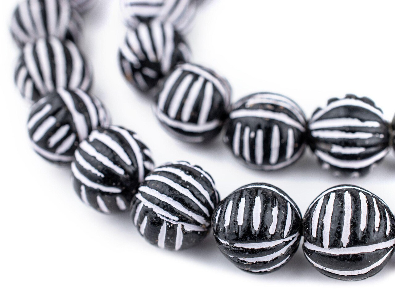 The Bead Chest Terracotta Black & White Scratch Beads 16mm Black and White Round Clay Large Hole 24 Inch Strand